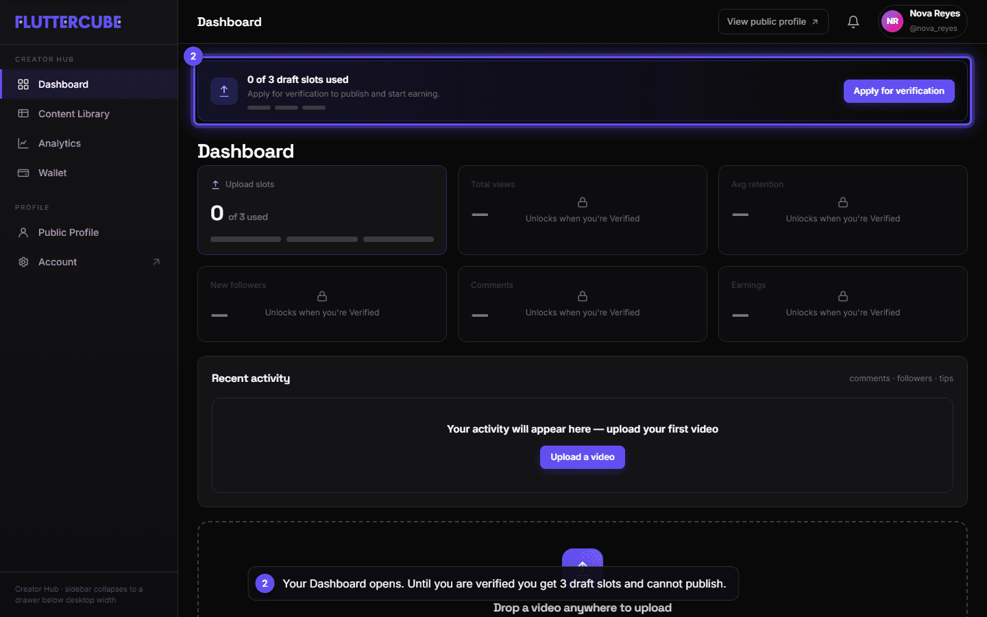 The unverified Dashboard with the draft slots banner and the locked performance tiles.