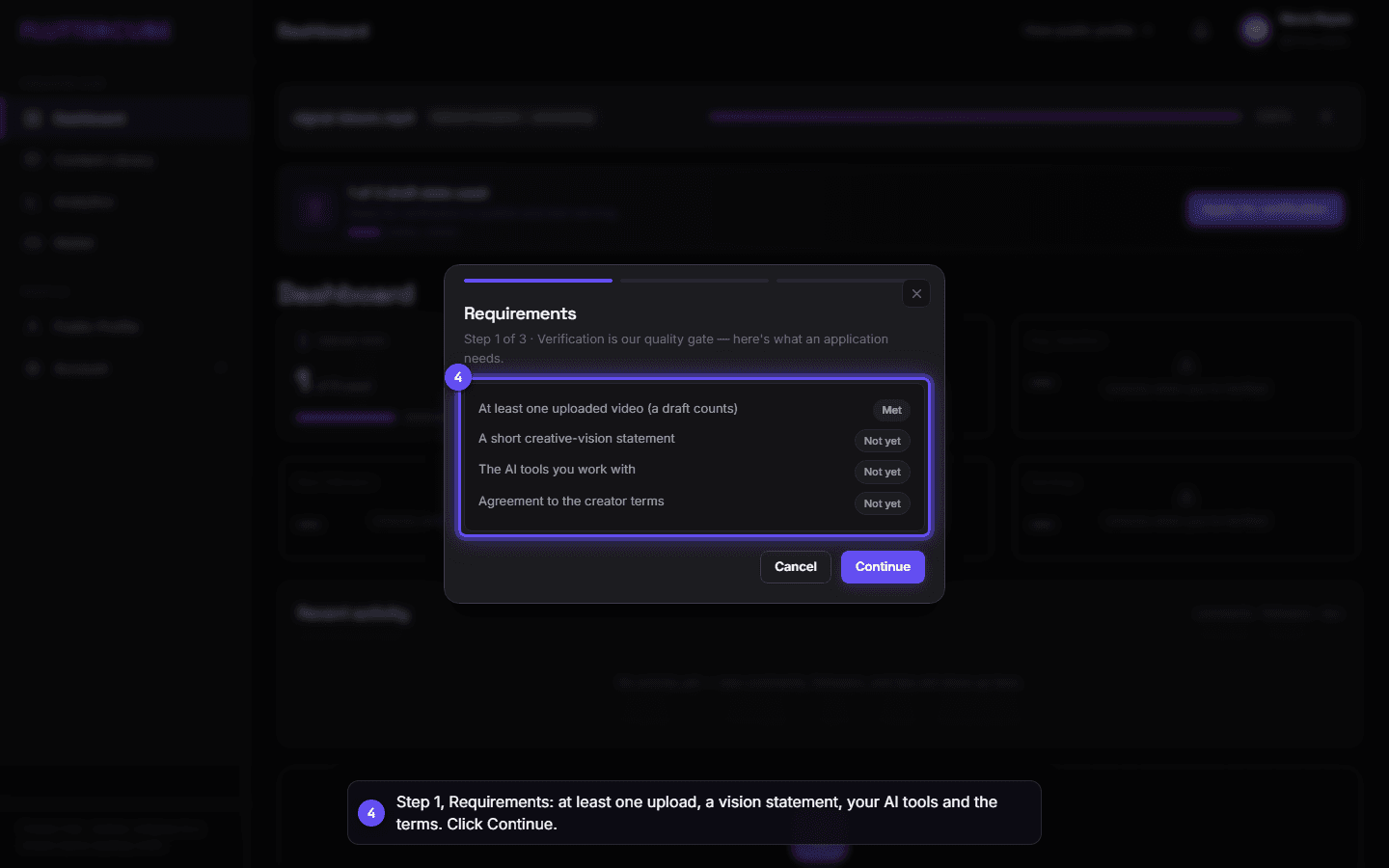 The Requirements step with the first item marked Met and the other three marked Not yet.