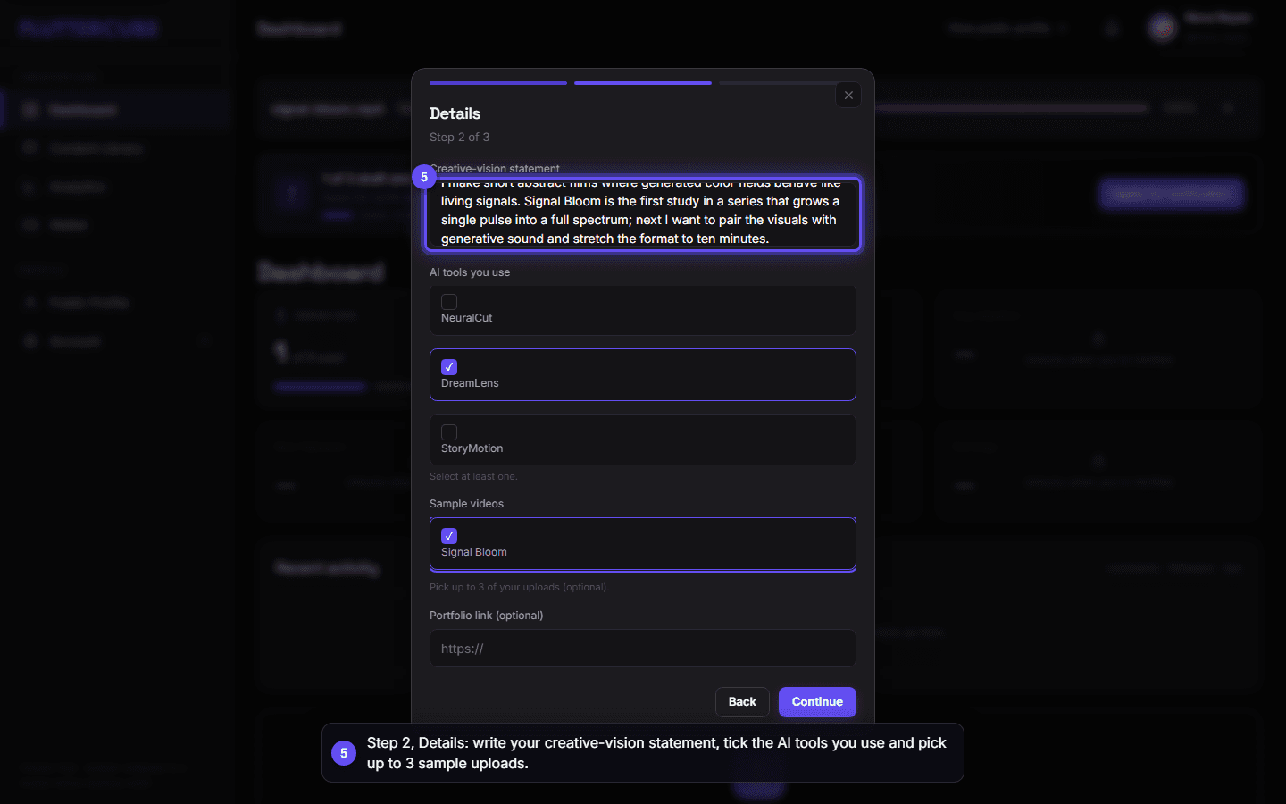The Details step with the vision statement filled in, one AI tool ticked and one sample video selected.