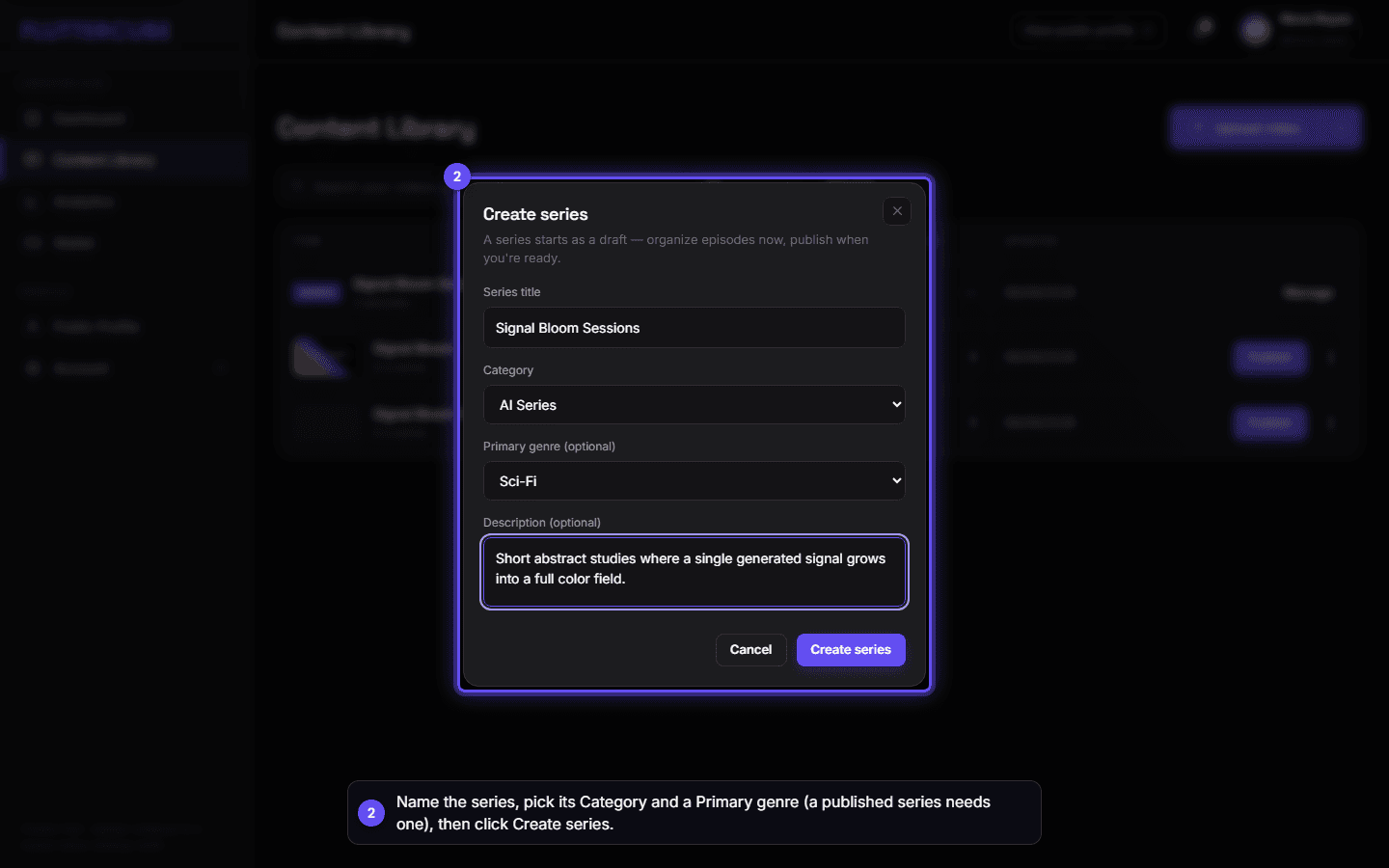 The Create series dialog with the title, category, primary genre and description filled in.