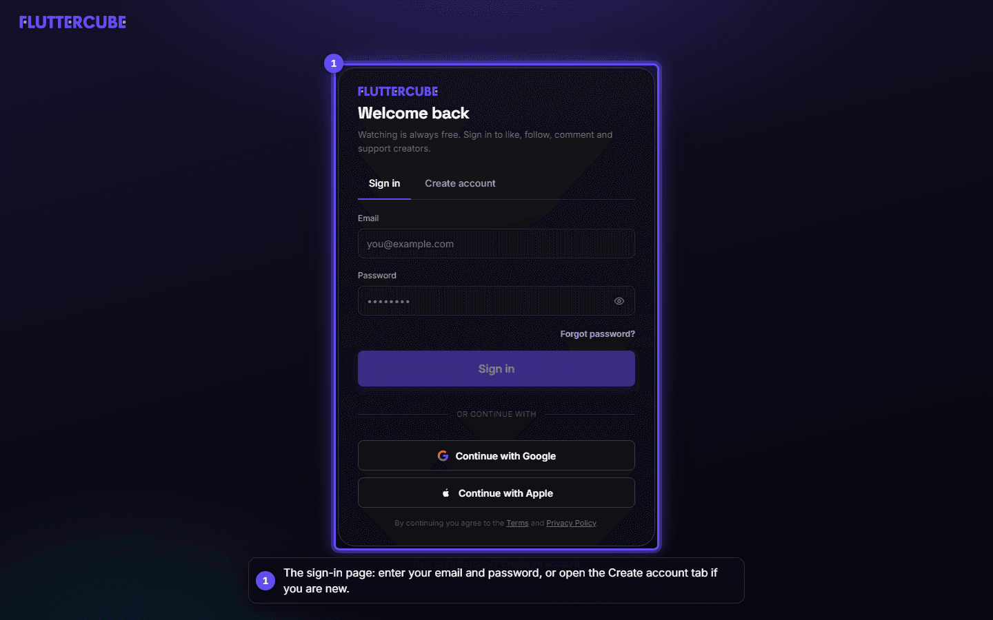 The sign-in card with its Sign in and Create account tabs; new visitors switch to Create account.