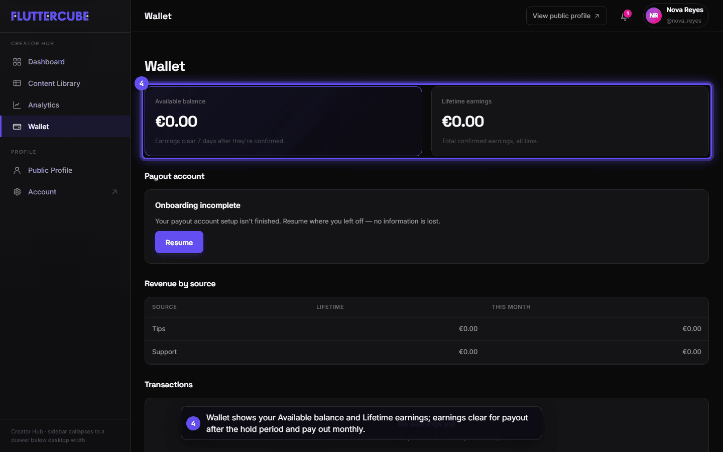 The Wallet with the Available balance and Lifetime earnings cards highlighted.