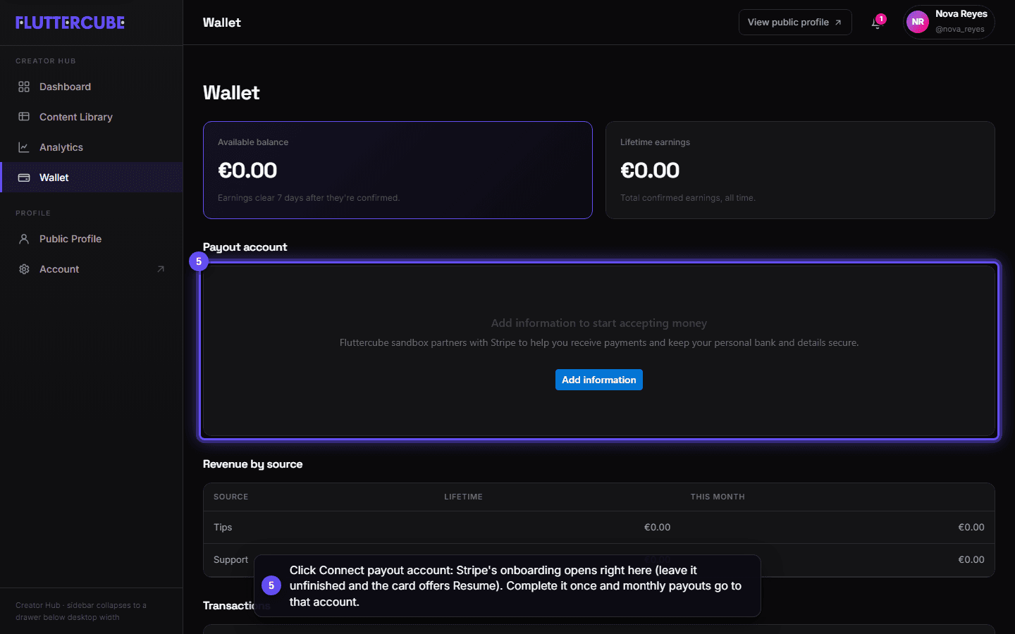 The Payout account section with Stripe's embedded onboarding form open inside the Wallet.