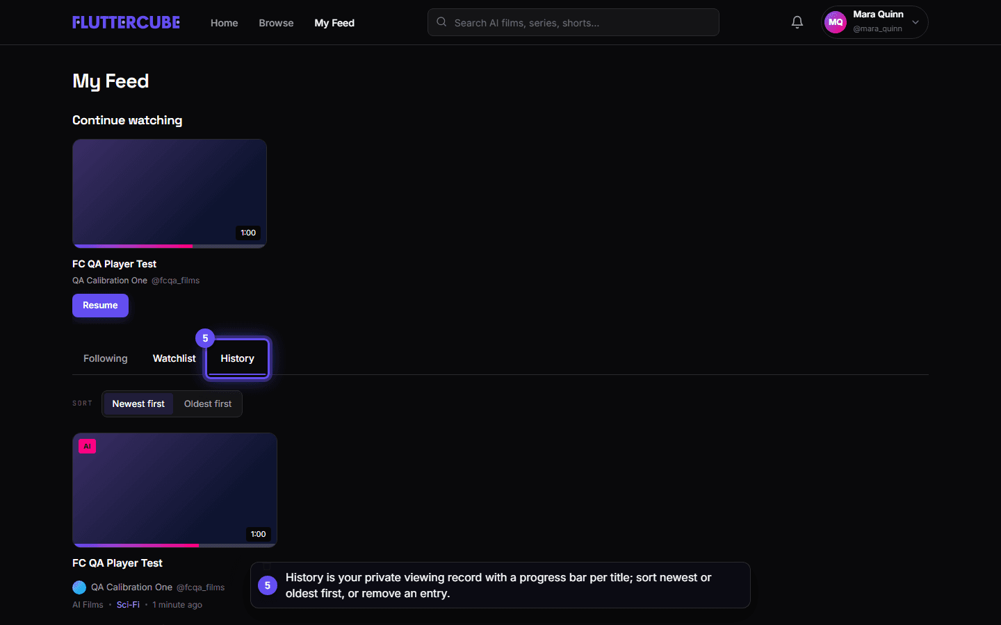 The History tab sorted Newest first, with a progress bar under the film's thumbnail.
