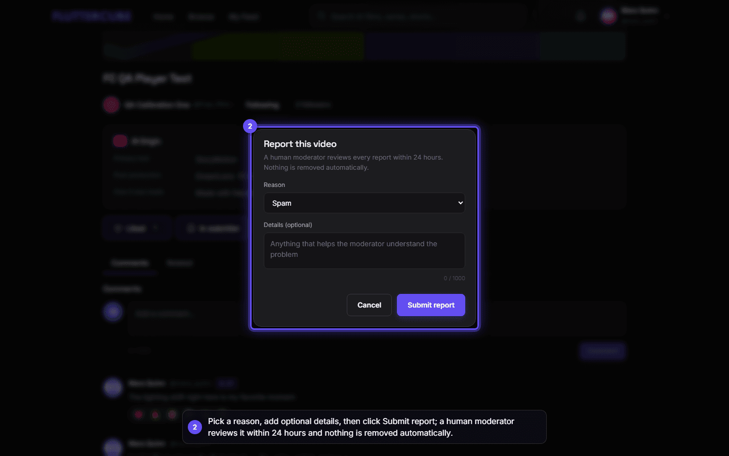 The Report this video dialog with a reason chosen, the optional details box, and the Submit report button.