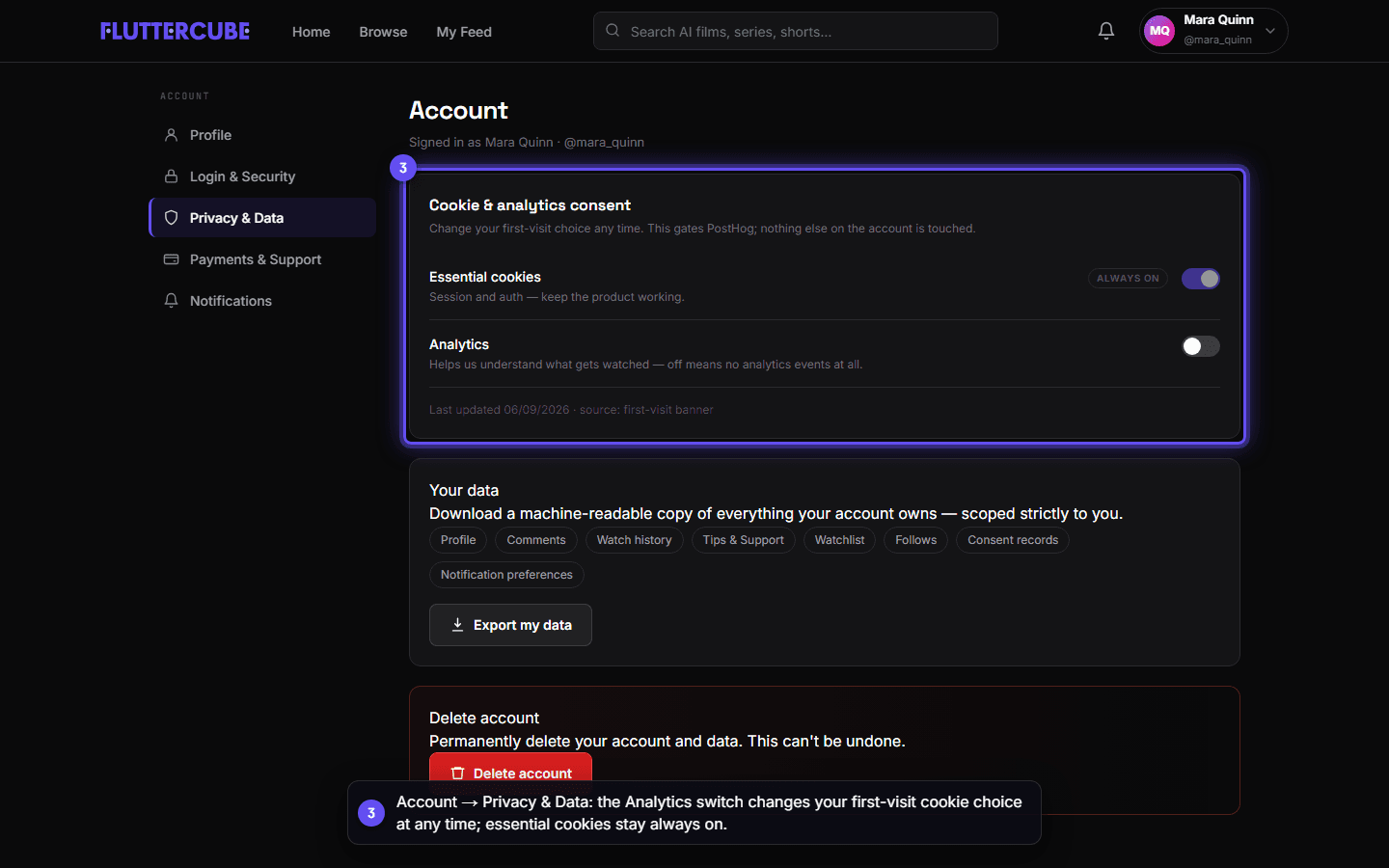 The Cookie & analytics consent card: Essential cookies locked on, the Analytics switch, and the status line under them.