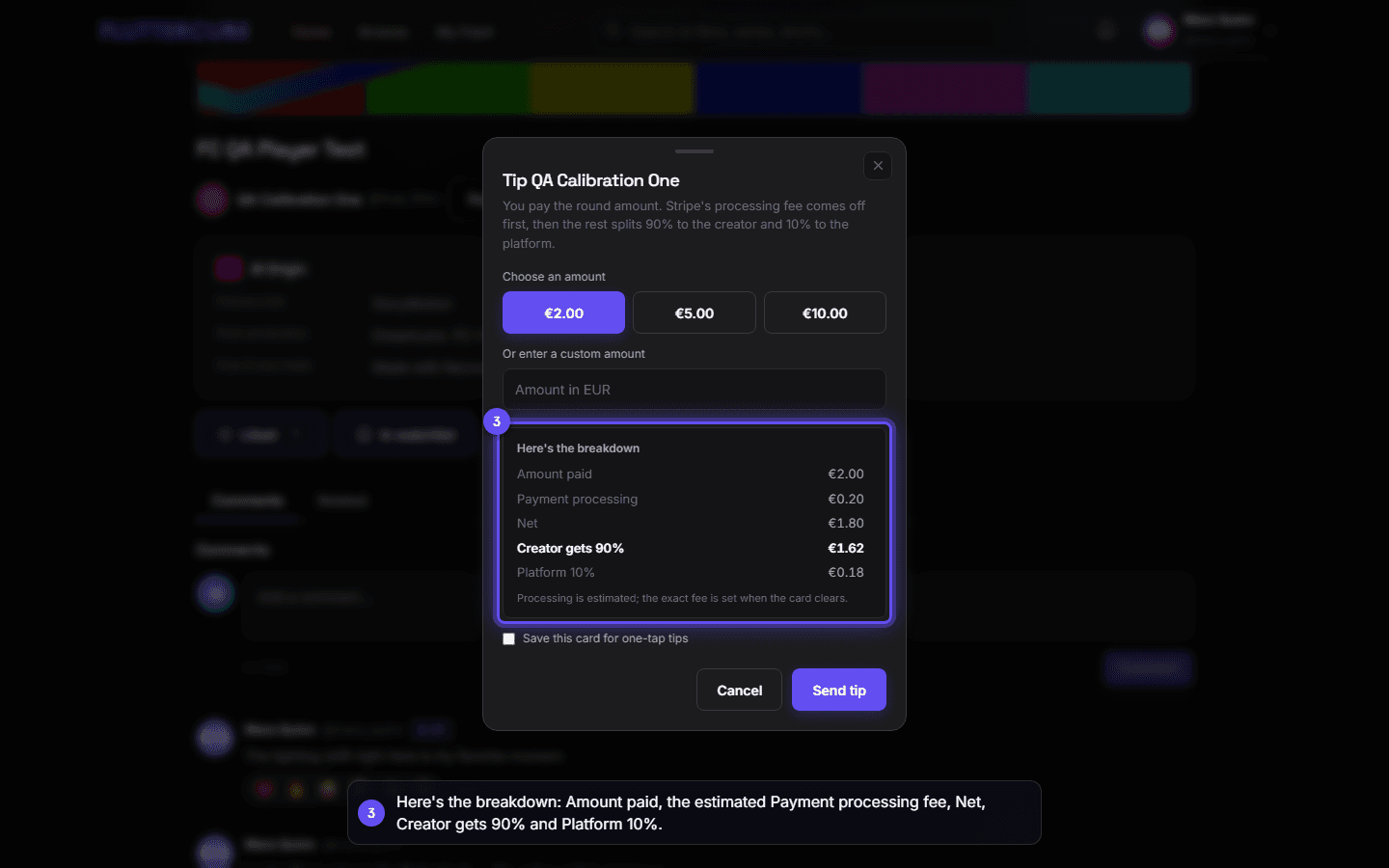 The breakdown lists Amount paid, Payment processing, Net, Creator gets 90% and Platform 10% for the €2.00 tip.