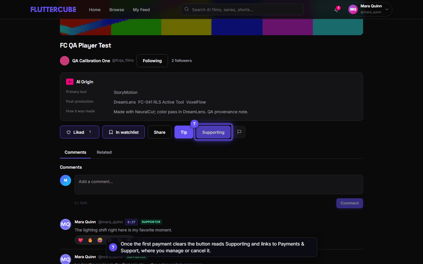 The action bar now shows Supporting in place of Support, and the Supporter badge sits next to Mara's name on her comment below.