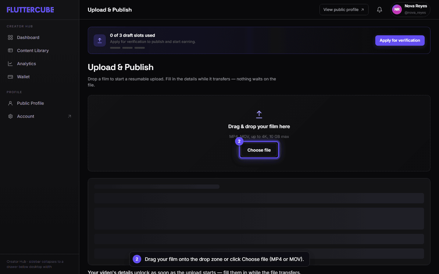 The Upload & Publish drop zone with the Choose file button highlighted.