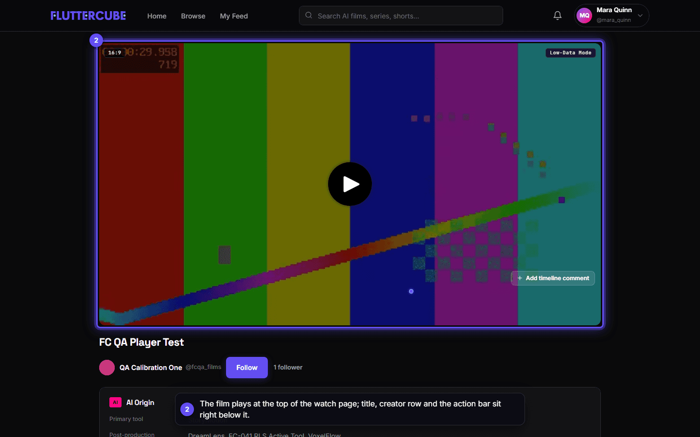 The film fills the top of the watch page, with the title, creator row, action bar and AI Origin panel below it.