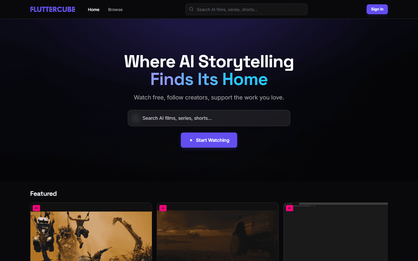Home for a visitor: the hero with its search box and Start Watching button, then the catalog rows, starting with Featured.