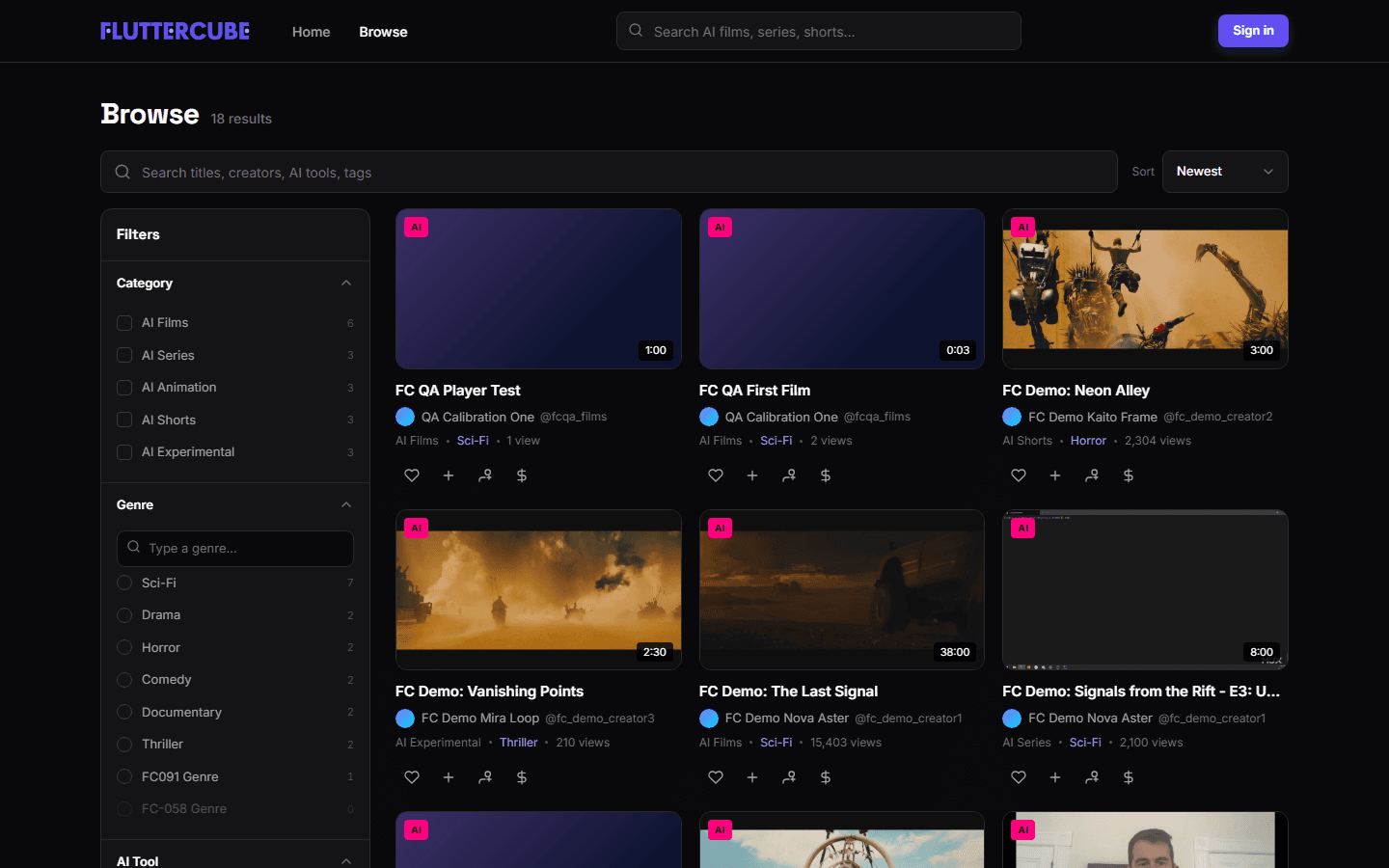 Browse: the search box and Sort at the top, the Filters rail on the left, and the catalog grid.