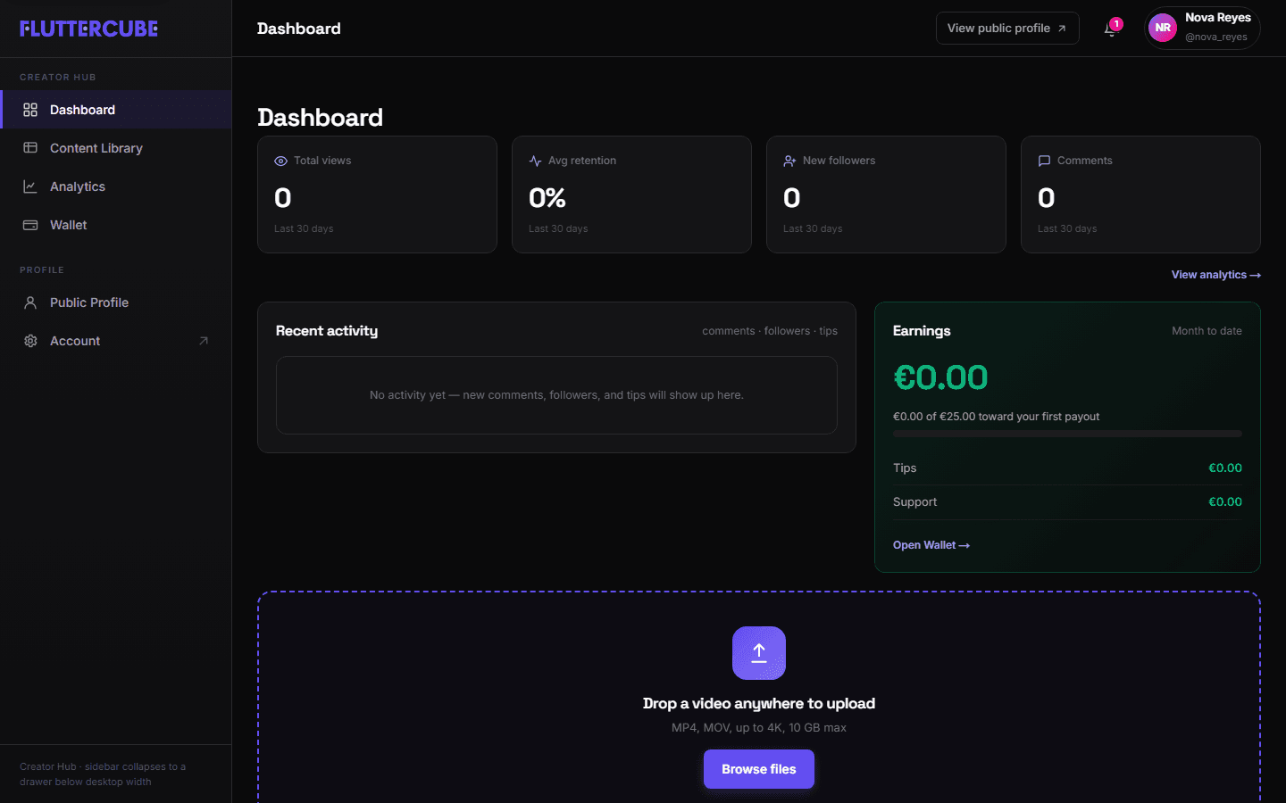 The Creator Hub Dashboard of a verified creator: the sidebar on the left, the four channel tiles, Recent activity, the Earnings card, and the upload drop zone.